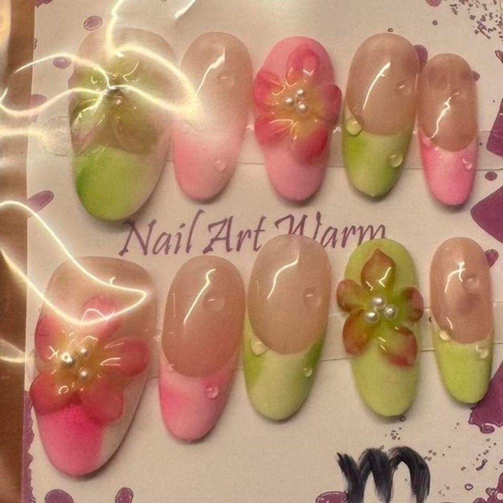 Press On Nails Flowers Design Fake Nail Art Warm Nail‎ Supplies Full Set